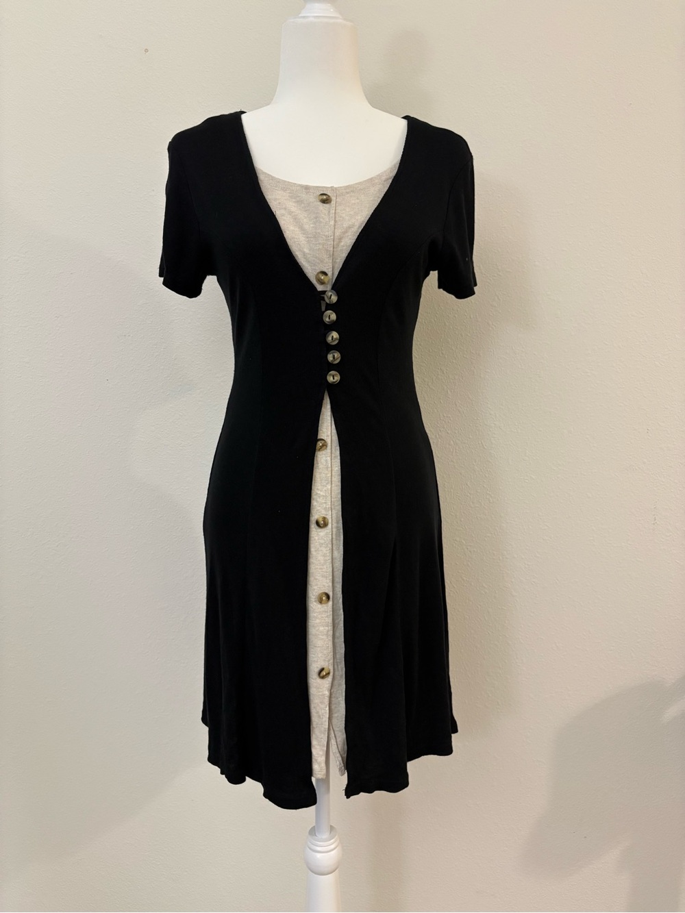 Vintage European Layered Knit Mini Dress Black Button Front EU 40